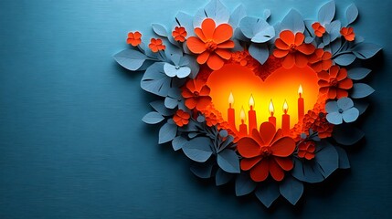 Papercut artwork of a romantic Valentine evening, with glowing candles, scattered petals, and a heart of flowers