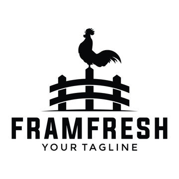 Chicken farm logo, rooster on fence vintage logo design vector illustration