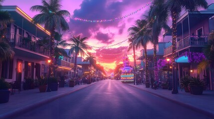 A lively street scene during Mardi Gras, featuring strings of beads hanging from balconies, colorful masks, and vibrant parade floats, vector style