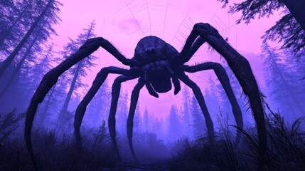 A large spider with a web in the background stands in a foggy forest.