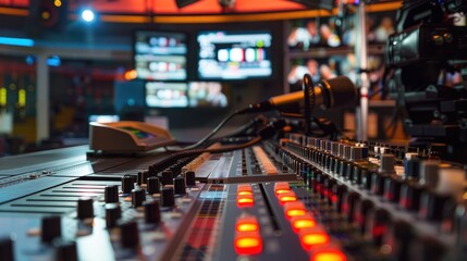 Fototapeta premium Close-up of Audio Mixing Console in a Television Studio