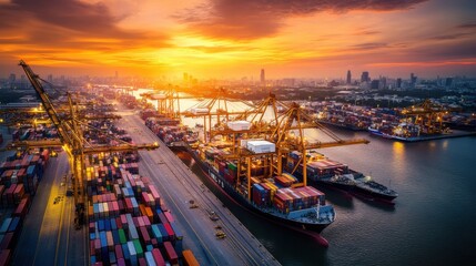 Naklejka premium A modern port at dawn with towering cranes and cargo ships amidst vibrant containers, photography style, photo of