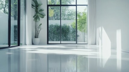 A modern, minimalist living room with large windows and a view of a lush garden. The room is bathed in sunlight and features a shiny, white floor.