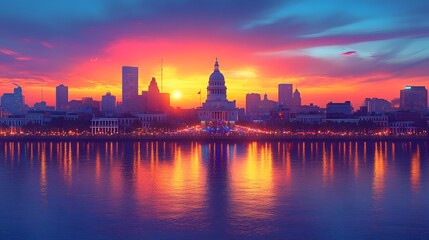 Fototapeta premium Vector scene of Mardi Gras in New Orleans, featuring vibrant parade floats, masks, and balconies covered with beads