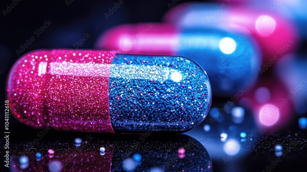 Poster vibrant capsules filled with glittery particles arranged on a reflective surface creating a striking