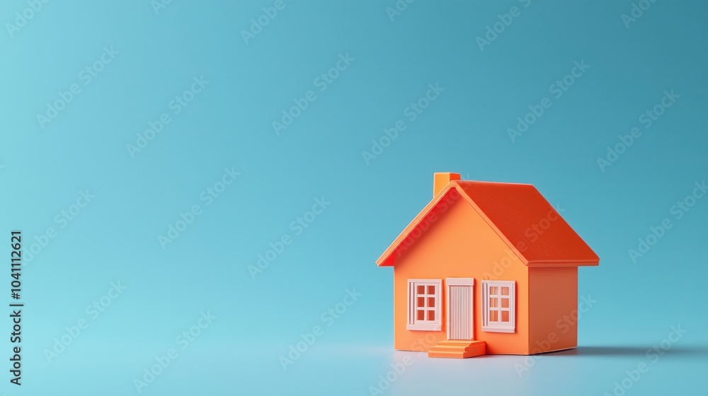 Wall mural Orange house model on blue background, minimalistic design, vibrant colors