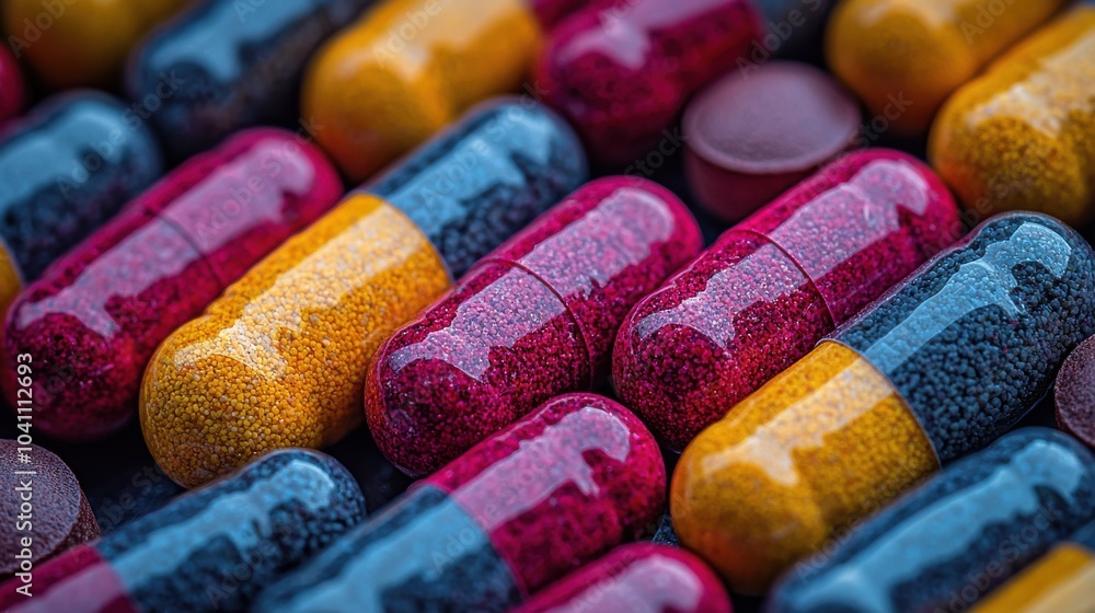 Poster colorful assortment of capsules and pills arranged neatly on a surface, showcasing various sizes and