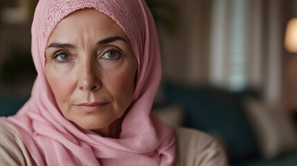 A older woman with cancer, wearing a pink scarf, looks directly into the camera Breast Cancer support