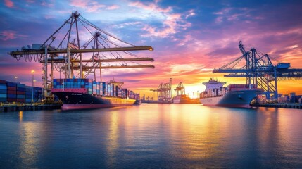 A modern port at dawn with vibrant cranes and cargo ships bathed in the first light of day, symbolizing the ongoing growth of global trade, photography style