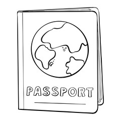 Enjoy a wonderful Passport and Globe Coloring Page designed specifically for Travel Enthusiasts. Vector sketch illustration. Tourism