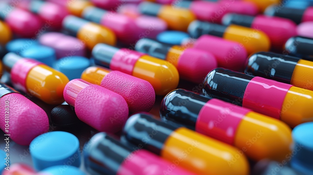 Poster colorful array of capsules and tablets arranged neatly on a surface during daylight