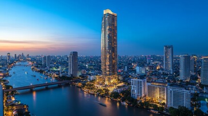 Fototapeta premium A panoramic view of a modern city skyline at twilight with a tall skyscraper illuminated along a river.