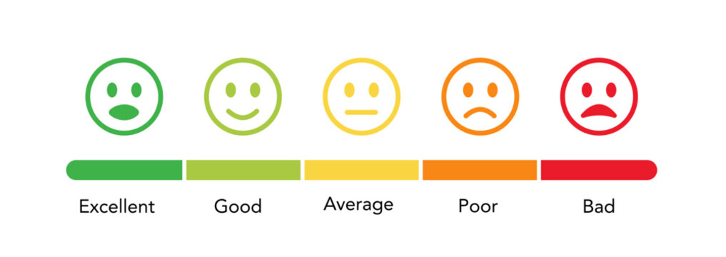 Emotion levels on scale different faces icon. Smiley rating icon set. Rating emojis set in different colors outline. Happy and sad emoji.