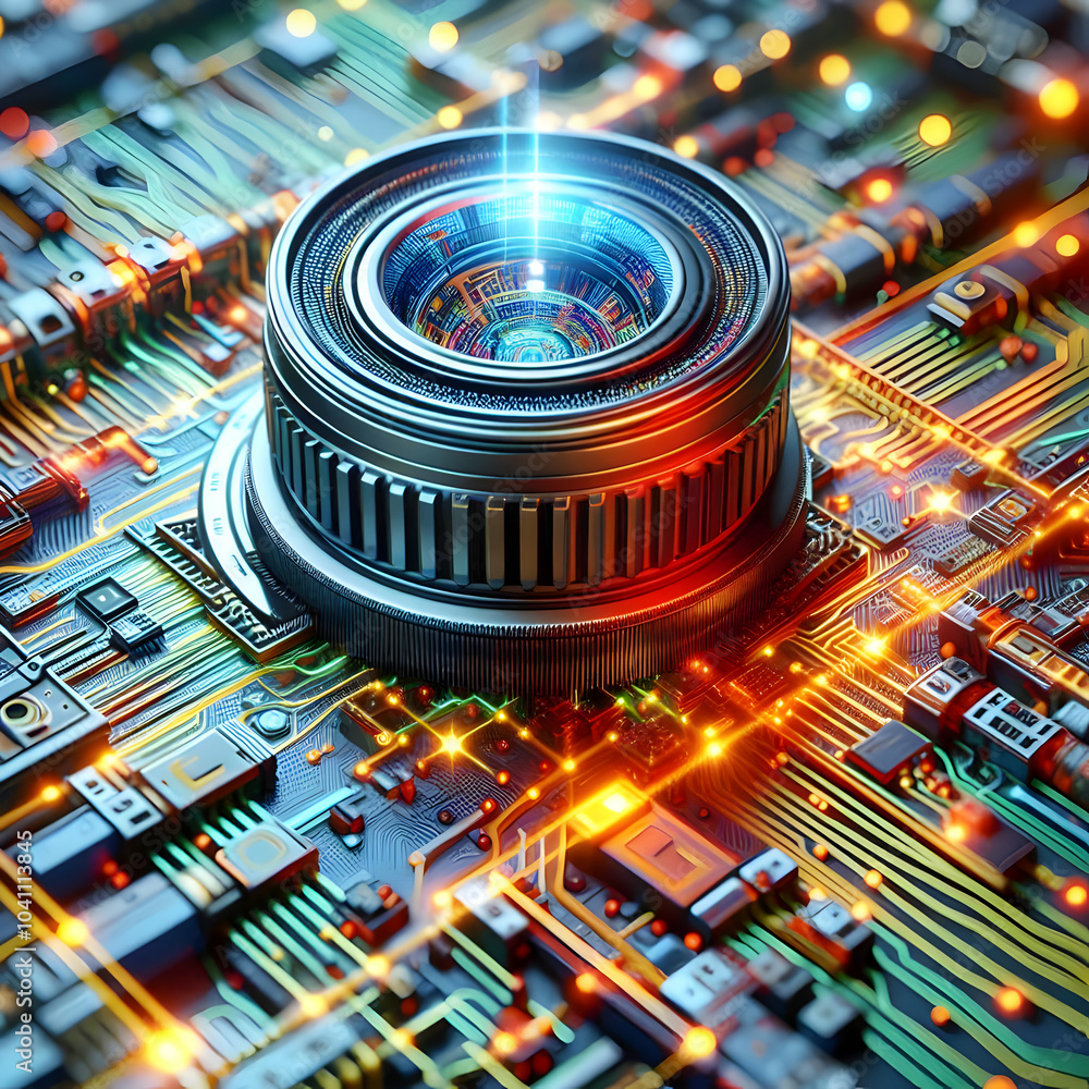 Poster 3d nano circuitry action concept zoom microscopic patterns pulsating energy innovation nano level sh