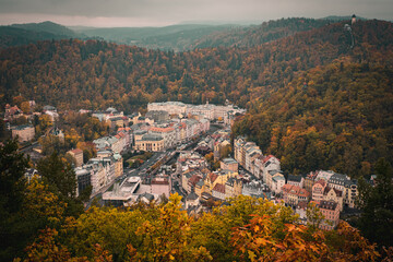 Beautiful high angle view of the city center of Karlovy Vary, Czech Republic, with it's stunning...