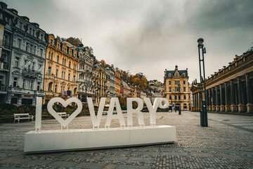 Beautiful postcard view of the center of Karlovy Vary, Czech Republic, with it's stunning 19th...