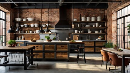 Discover a Stylish Industrial Kitchen with Open Shelving, Metal Shelving Units, a Spacious Reclaimed Wood Island, and Vintage Pendant Lights, Combining Modern Convenience with Rustic Elegance.
