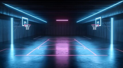 A photograph of a modern basketball court with holographic neon hoops at each end creating a visually stunning and technologically advanced sports arena