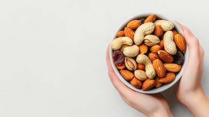 A bowl of mixed nuts held in hands, showcasing a healthy snack option for fitness and wellness enthusiasts.