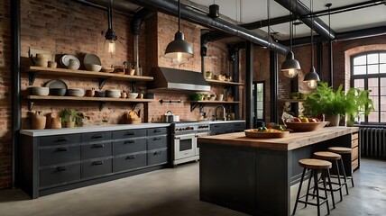 Explore the Charm of an Industrial Kitchen Featuring Exposed Brick Walls, Reclaimed Wood Island, Vintage Pendant Lighting, and Sleek Black Appliances for a Perfect Blend of Style and Functionality.
