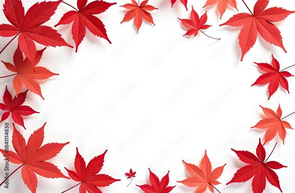 Wall mural bright red maple leaves creating an elegant border with copy space on a clean white background