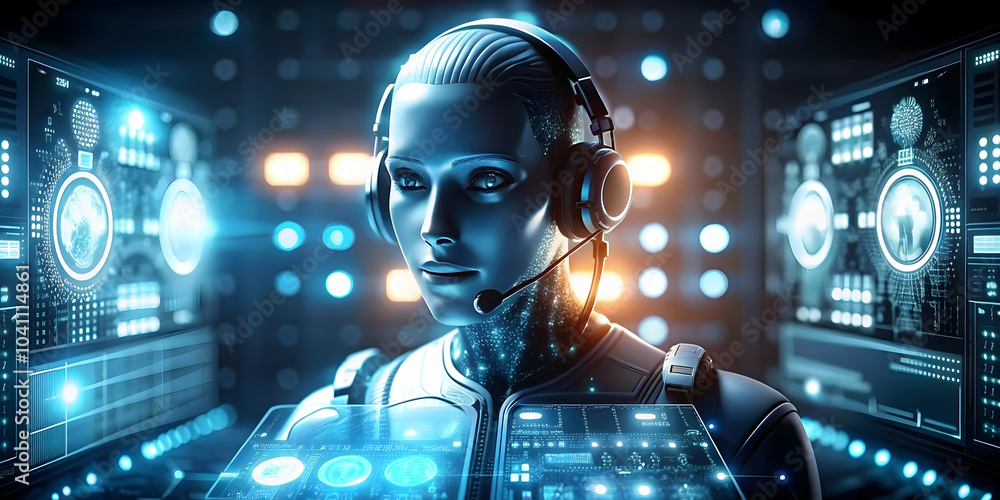 Poster customer service agent training ai system concept: candid shot of agent inputting data to train ai, 