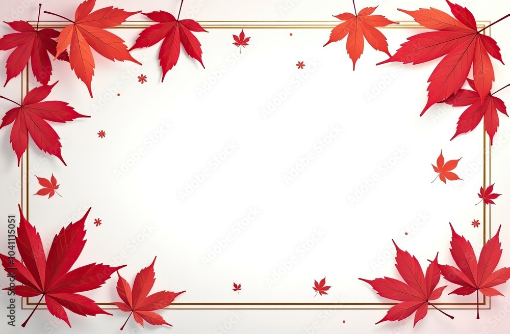 Wall mural bright red maple leaves creating an elegant border with copy space on a clean white background