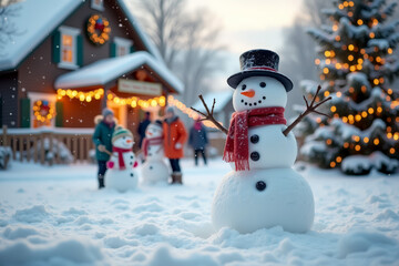 Obraz premium Winter wonderland scene with snowmen and festive decorations for holiday cheer