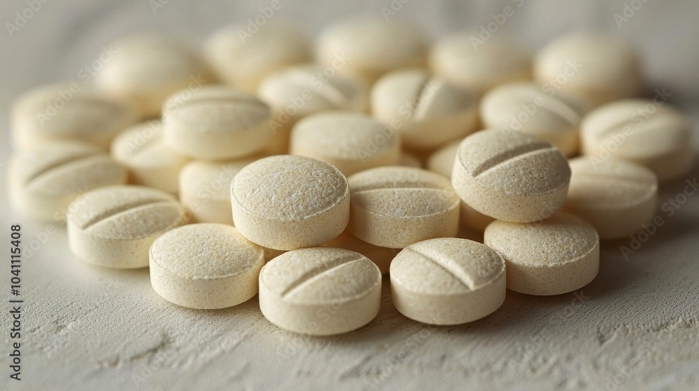 Poster close-up view of white round tablets scattered on a textured surface showcasing their smooth texture