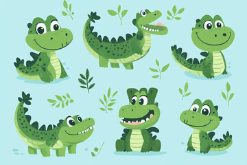 Cute crocodile cartoon vector set.