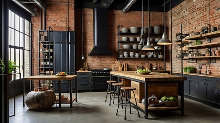 Explore the Charm of an Industrial Kitchen Featuring Exposed Brick Walls, Reclaimed Wood Island, Vintage Pendant Lighting, and Sleek Black Appliances for a Perfect Blend of Style and Functionality.
