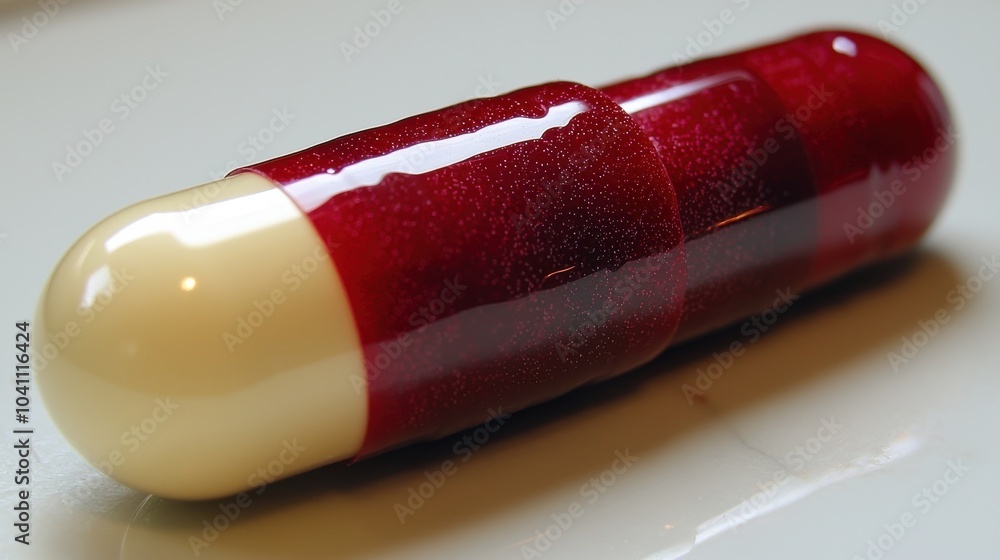 Poster a close-up view of a red and white capsule resting on a reflective surface illuminated by soft light