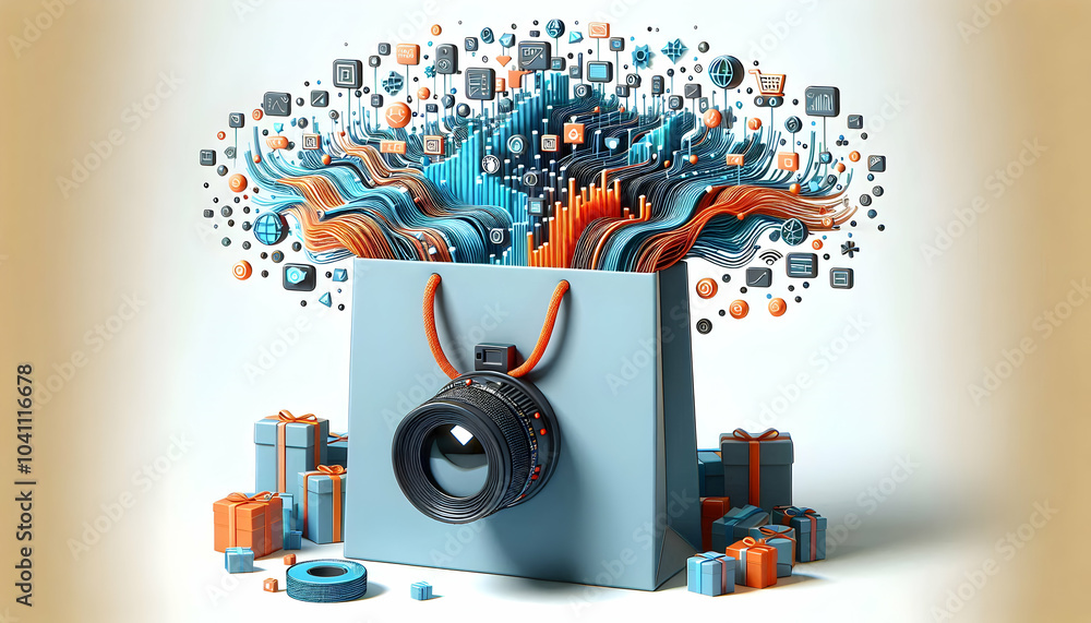 Poster 3d retail shopping bag filled with data streams | vector illustration of analytics symbols | dynamic