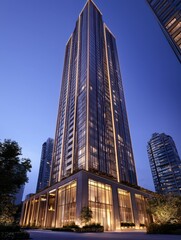 Obraz premium Stunning high-rise building illuminated at night, showcasing vibrant lights and captivating aesthetics.