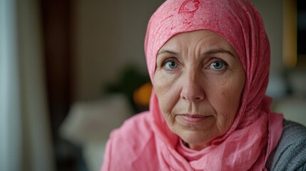 A older woman with cancer, wearing a pink scarf, looks directly into the camera Breast Cancer support