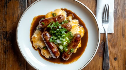 A plate of sausages, mashed potatoes, and gravy with a garnish of green onions.