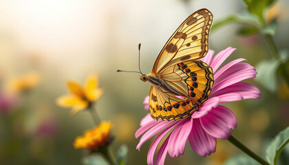 Obraz premium A butterfly is sitting on a pink flower