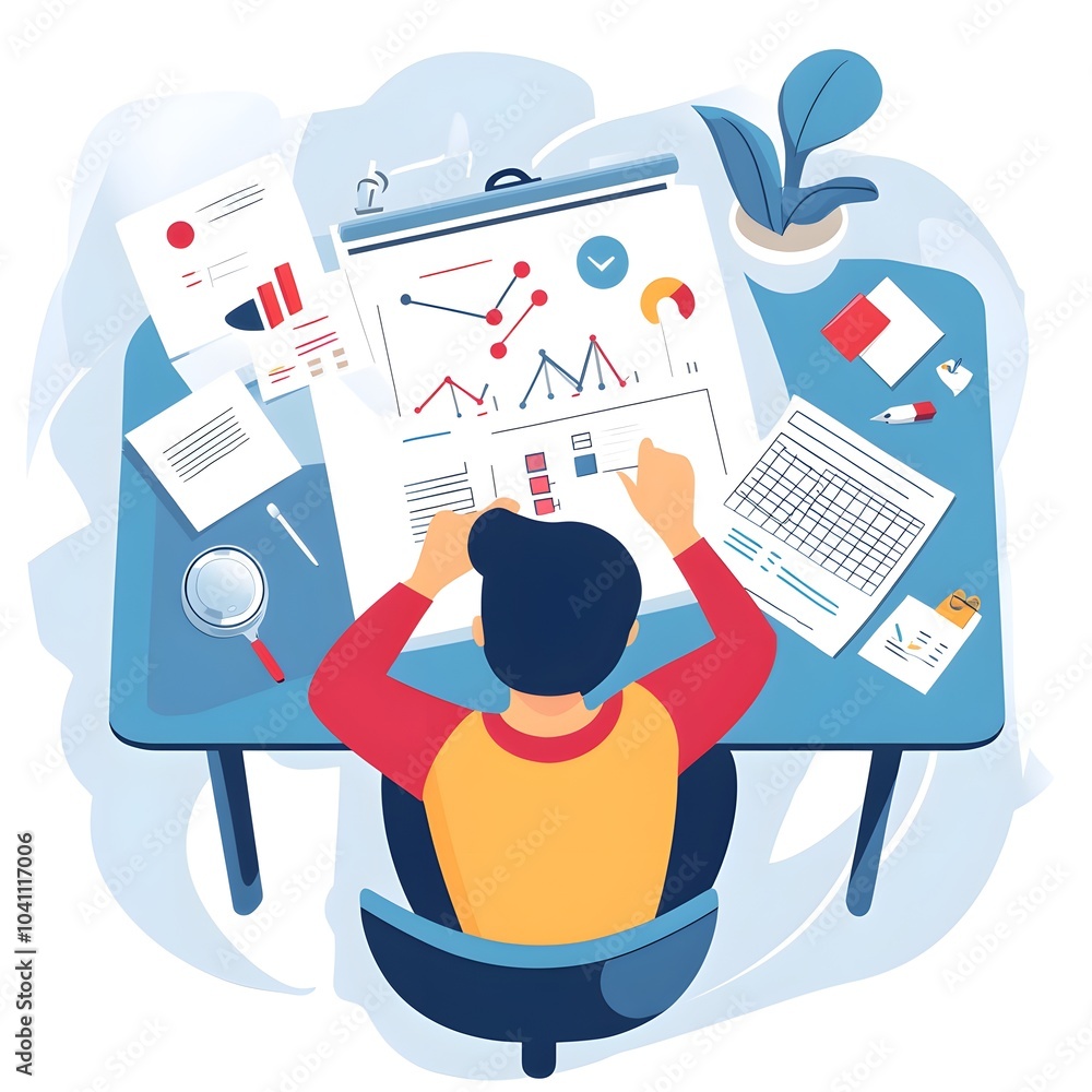 Poster businessman analyzing data graphs and charts