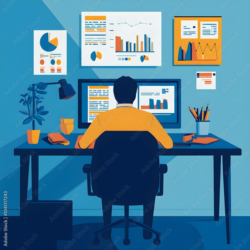 Poster businessman analyzing data on computer at desk with charts and graphs