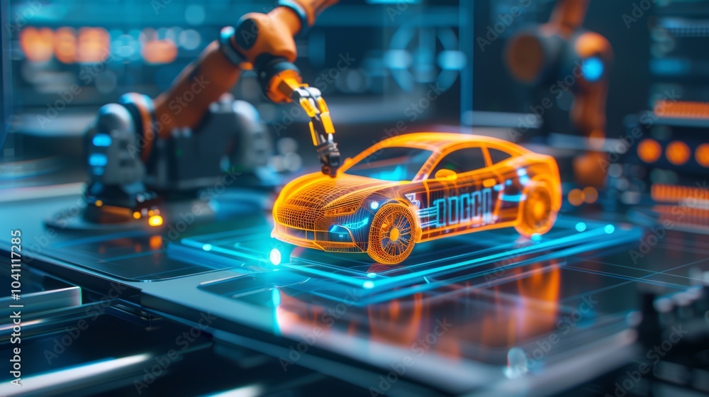 Poster 3d robot printing model of a car prototype