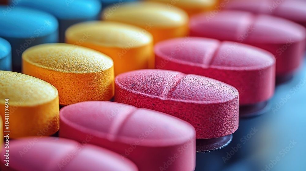 Poster colorful tablets arranged in a neat row on a reflective surface showcasing vibrant hues and unique s