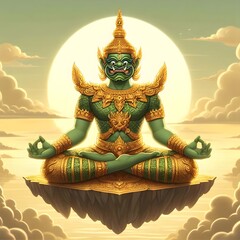 Obraz premium Giant, Demon, Fierce green warrior wearing a traditional demon mask, wearing golden armor, and the character represents strength and determination, and looks mysterious. The fierce green warrior weari