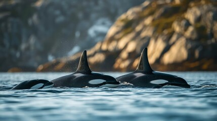 Obraz premium A pod of three orcas swim in a line, with their dorsal fins breaking the surface of the water, against a backdrop of rocky cliffs.