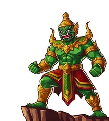 Obraz premium Giant, Demon, Fierce green warrior wearing a traditional demon mask, wearing golden armor, and the character represents strength and determination, and looks mysterious. The fierce green warrior weari