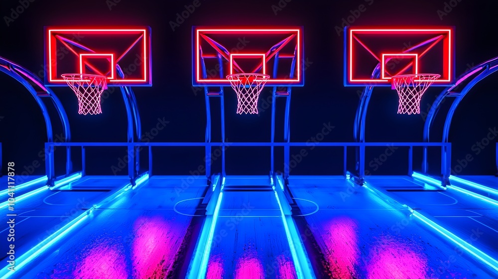 Wall mural a photograph of a high tech basketball stadium filled with glowing neon holograms of players perform