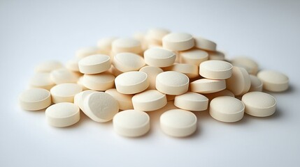 White round tablets piled together on a plain surface, representing medication or supplements in a clean setting