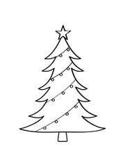 Hand drawn Christmas tree. Christmas decorated fir trees isolated on white. Vector illustration of doodle style.