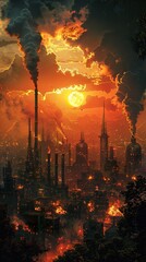 Obraz premium Apocalyptic Cityscape: Fire, Smoke, and a Gloomy Sunset