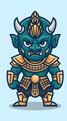 Giant, Demon, Fierce green warrior wearing a traditional demon mask, wearing golden armor, and the character represents strength and determination, and looks mysterious.
The fierce green warrior weari