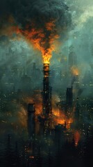 Fototapeta premium Smog and Fire: A City Under Industrial Gloom